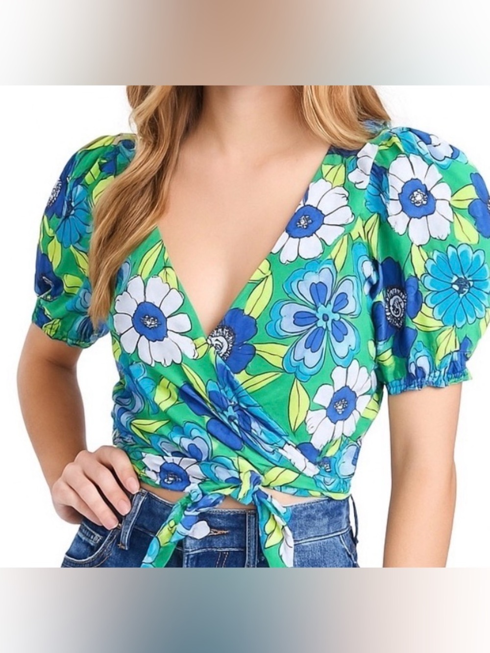 Spoon Jeans Blue Green Floral Smocked‎ Crop Wrap Top Boho Festival Jrs L
